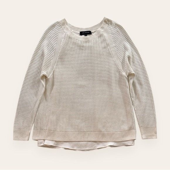 St. John Tops - St. John - Waffle-Knit Pullover Sweater with Silk Detail - Ivory/White